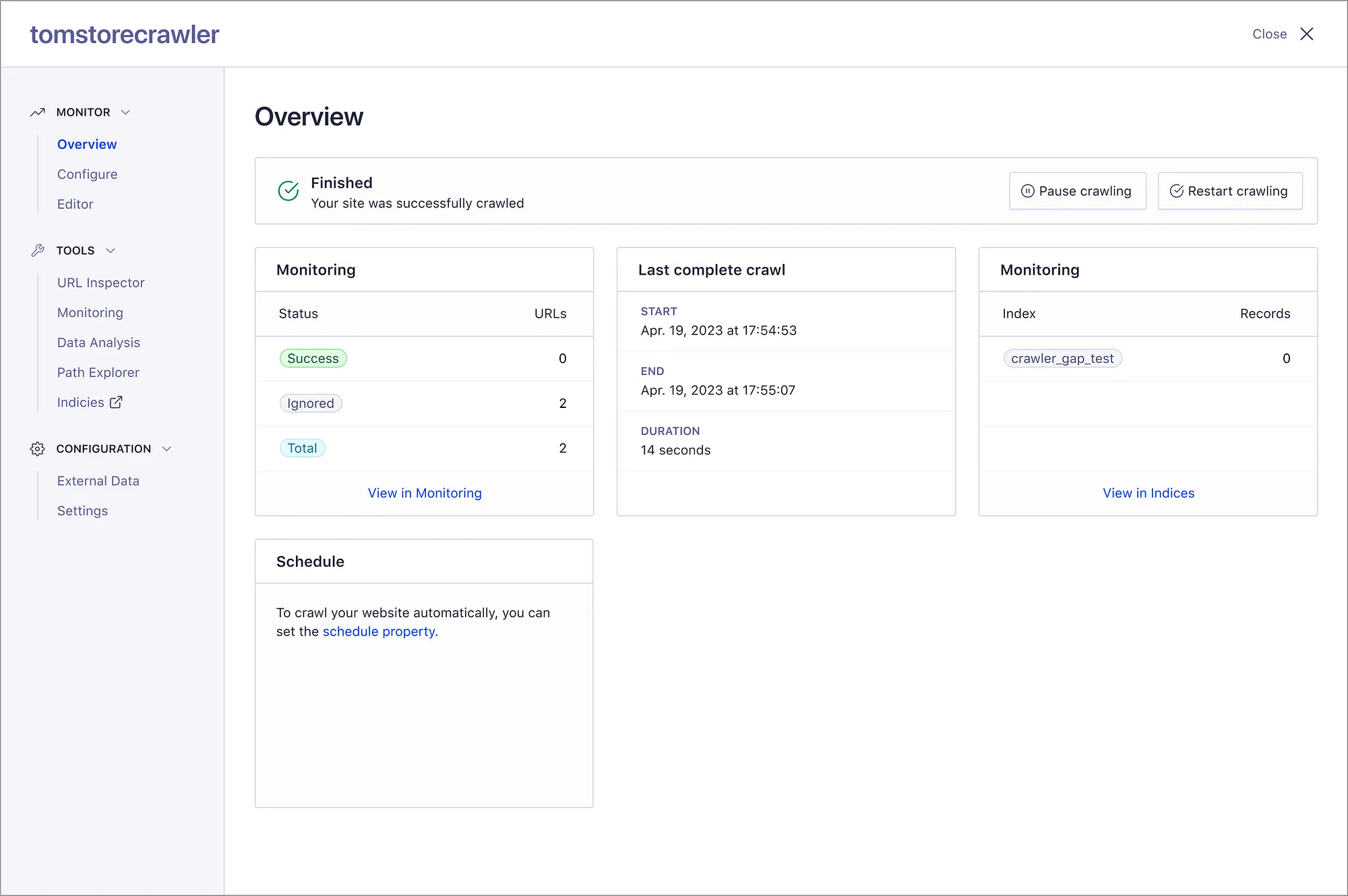 A quick summary of the crawler instance’s health status.