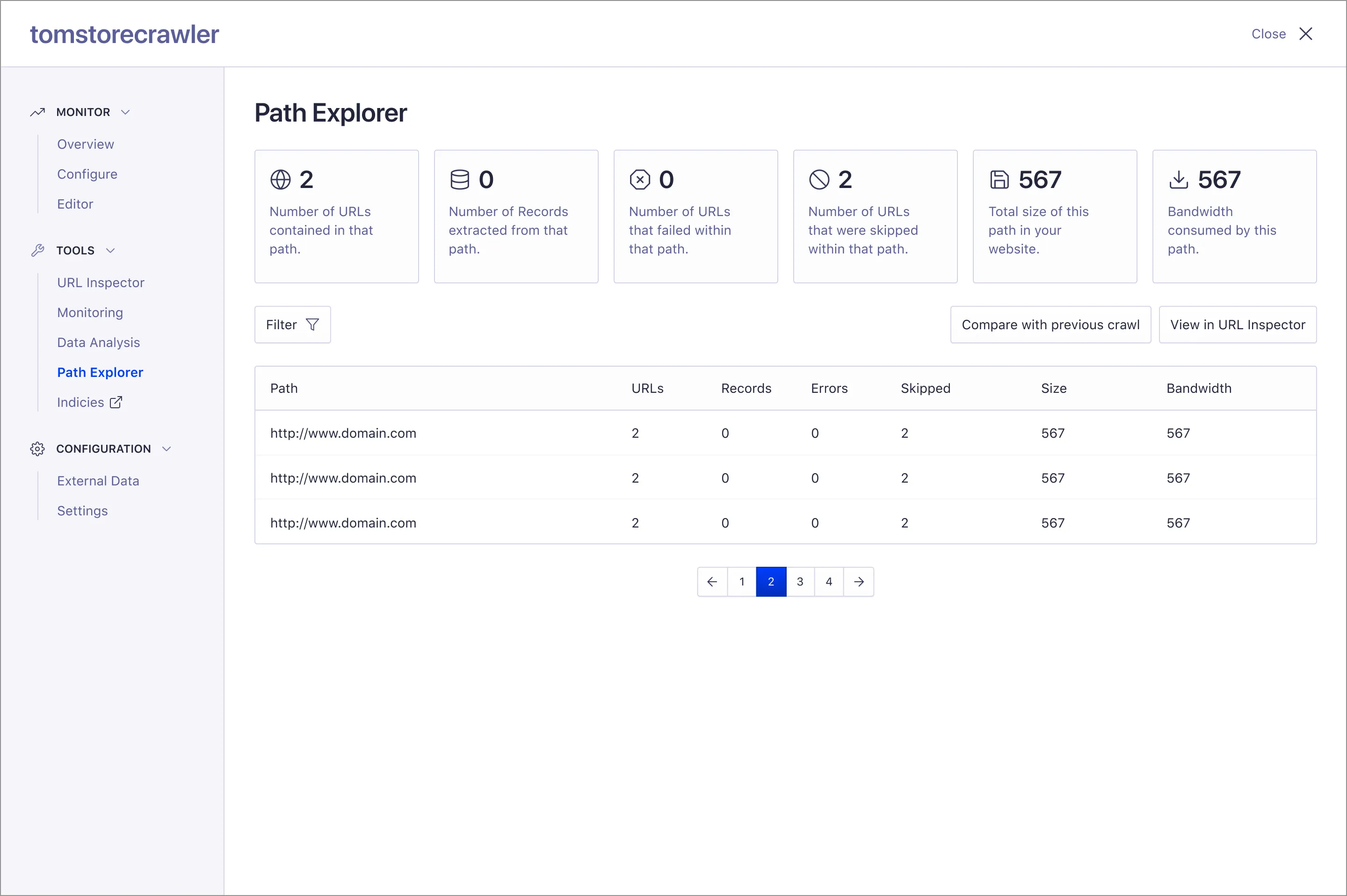 Path Explorer tool showing why crawled URLs were skipped
