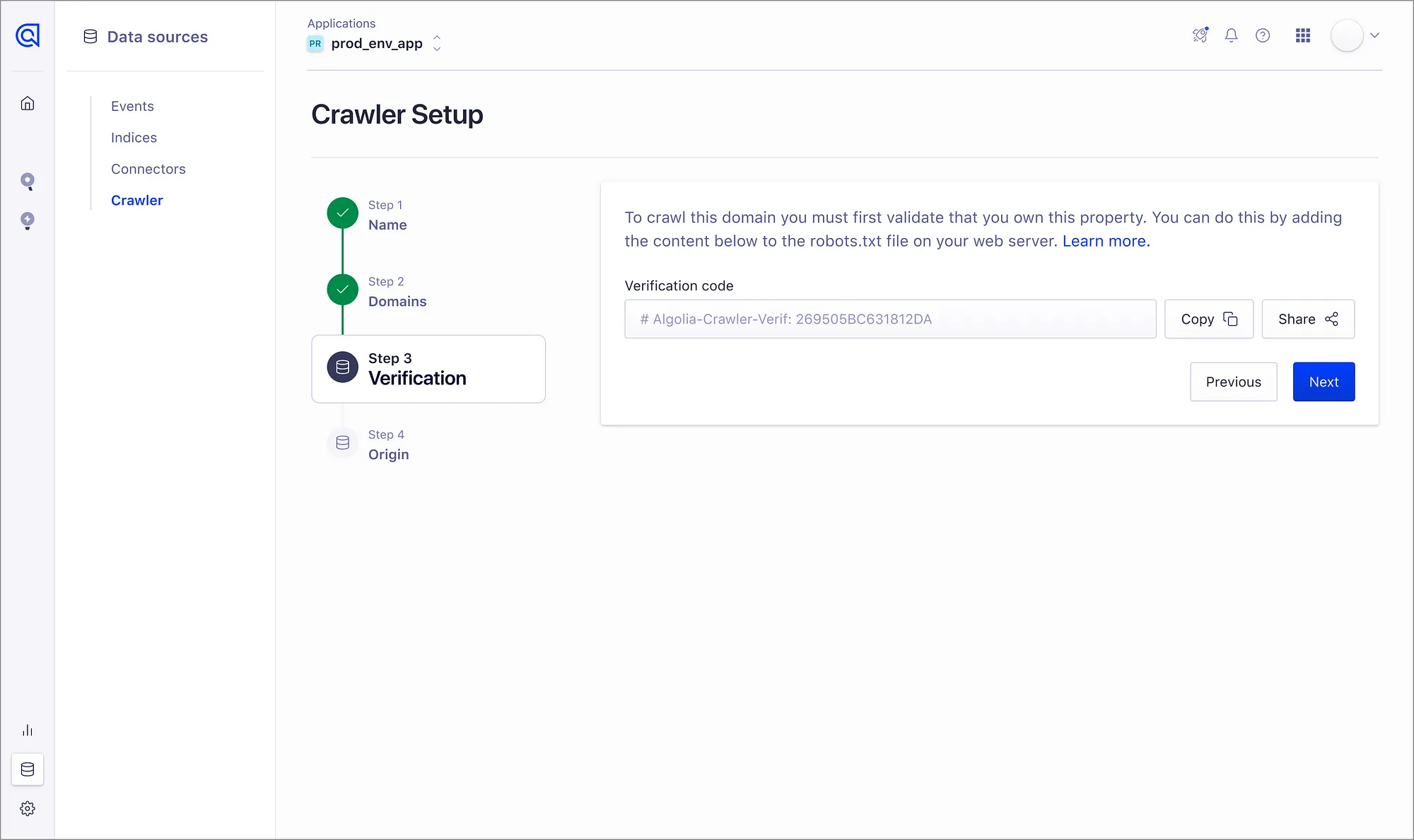 Crawler domain authentication onboarding step 3