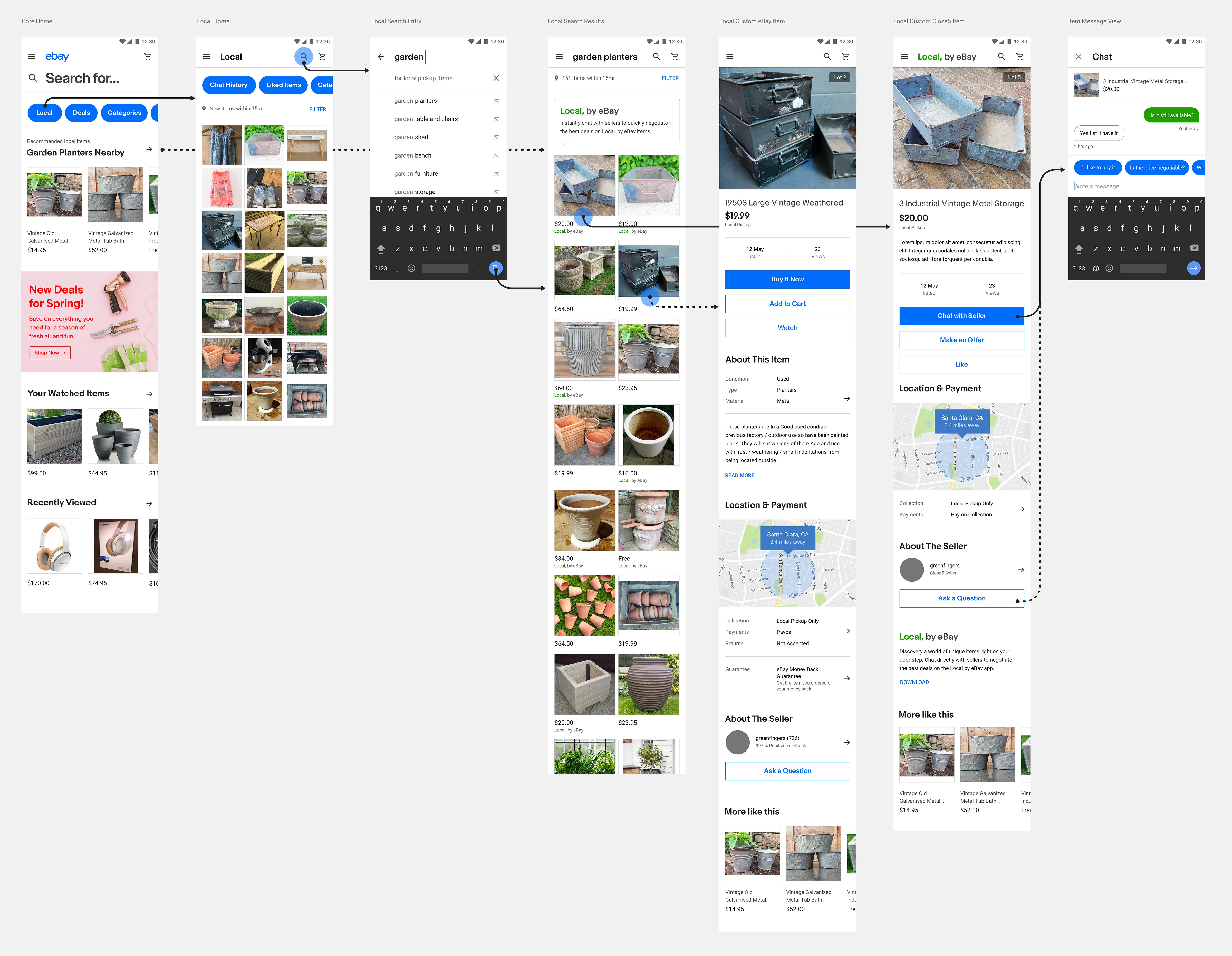eBay local listings app page flow mock-up